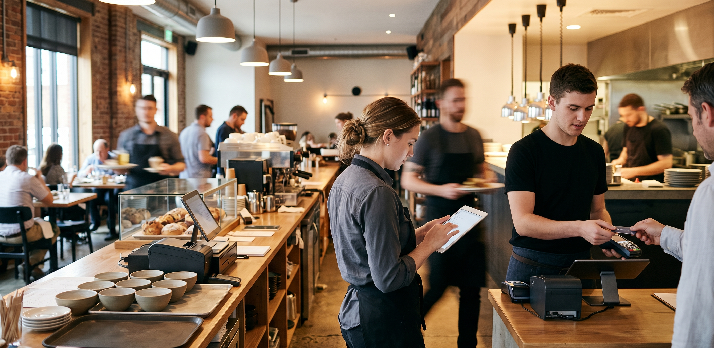 Restaurant staff using digital systems during active service