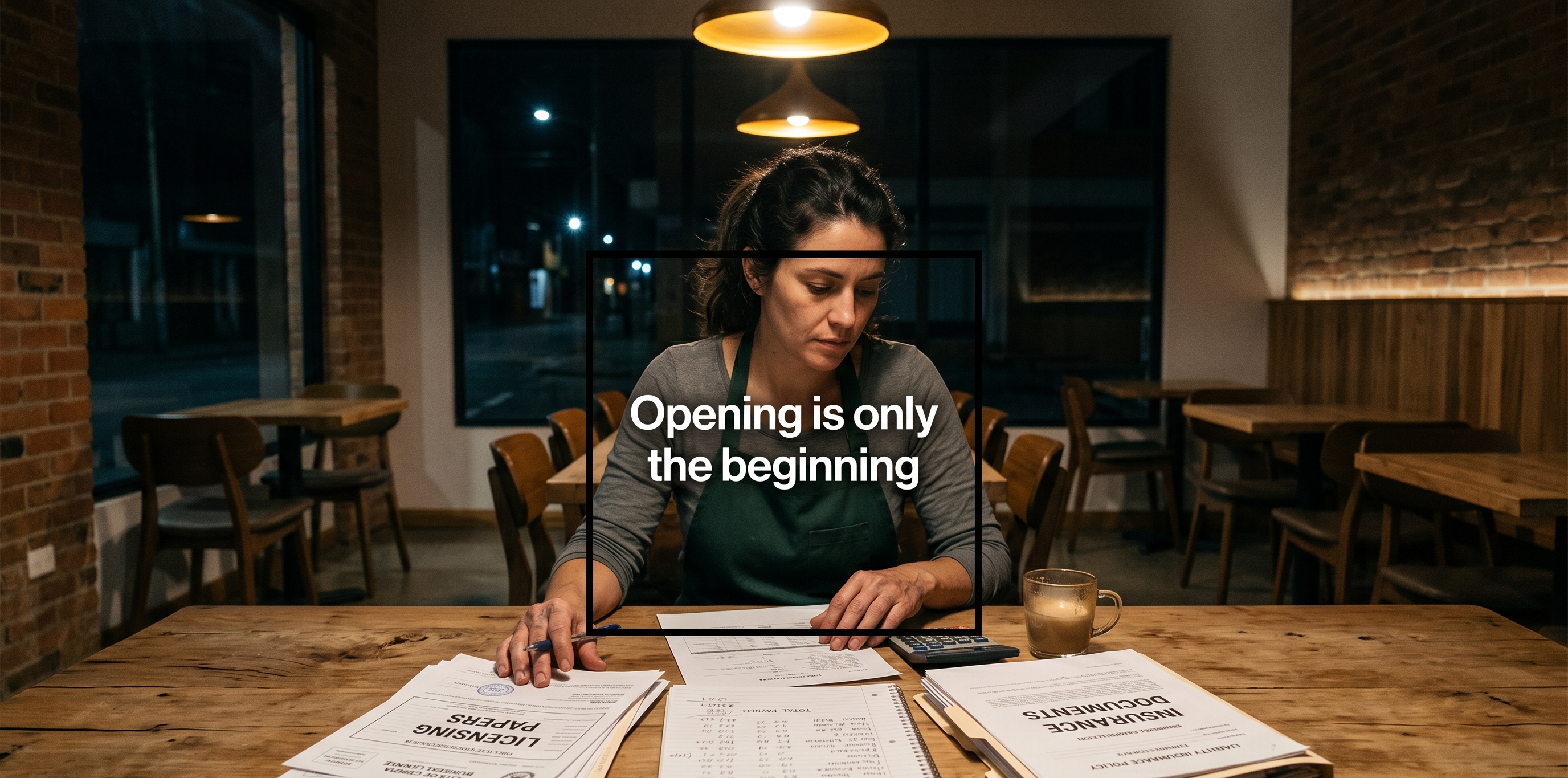 Restaurant owner reviewing opening paperwork and insurance documents after hours