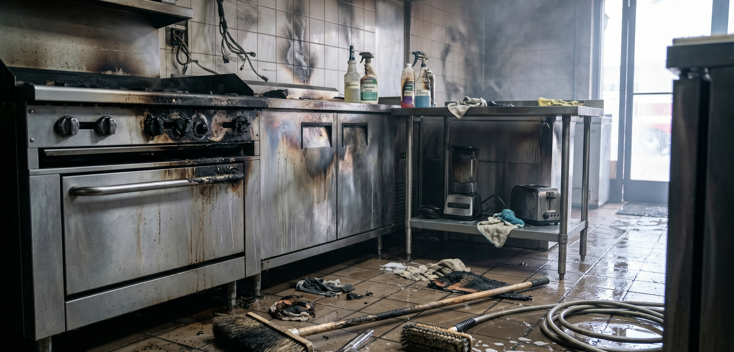 Restaurant kitchen after a contained fire with smoke residue and cleanup underway