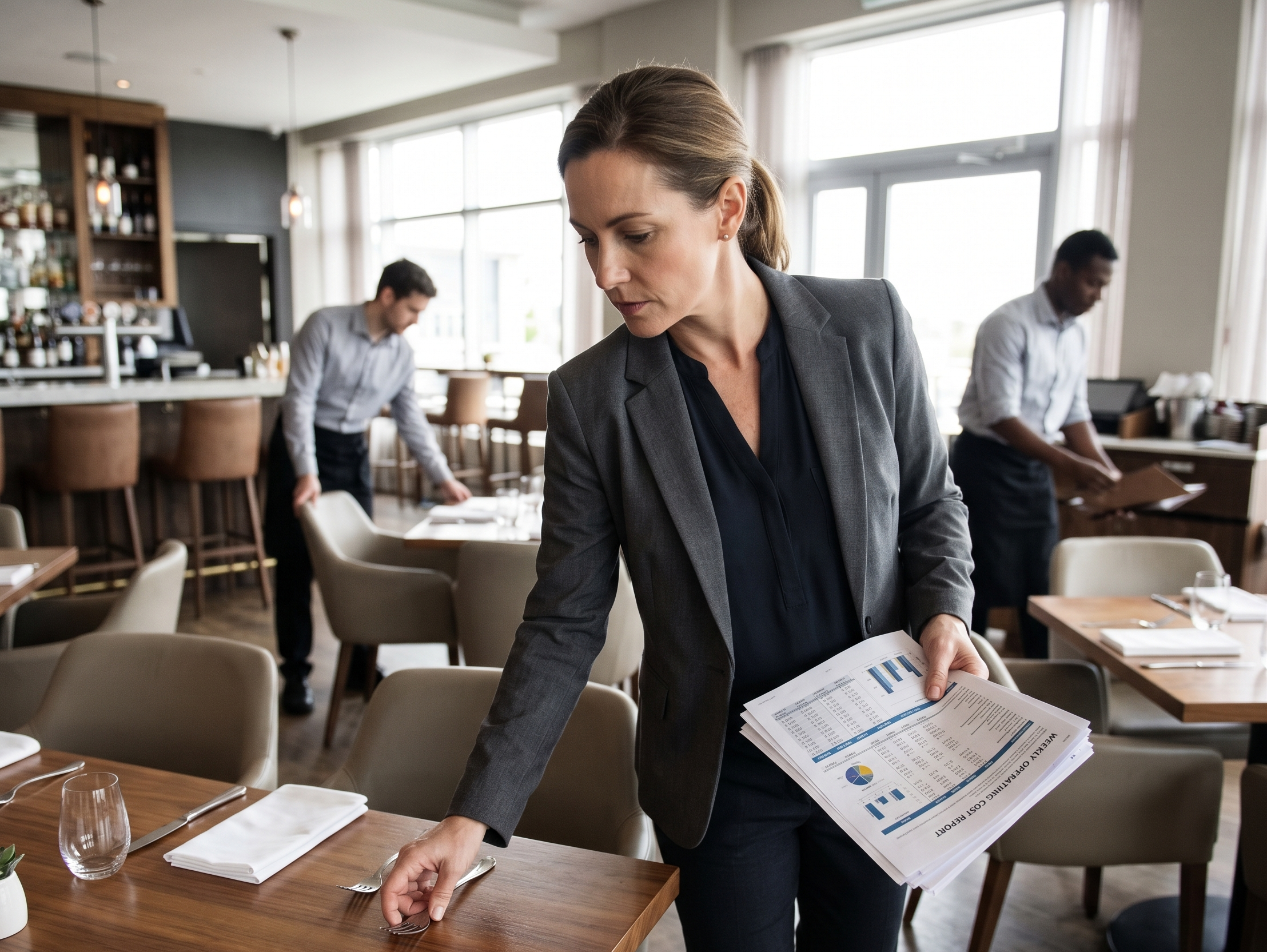 Restaurant manager carrying cost reports through a dining room before service