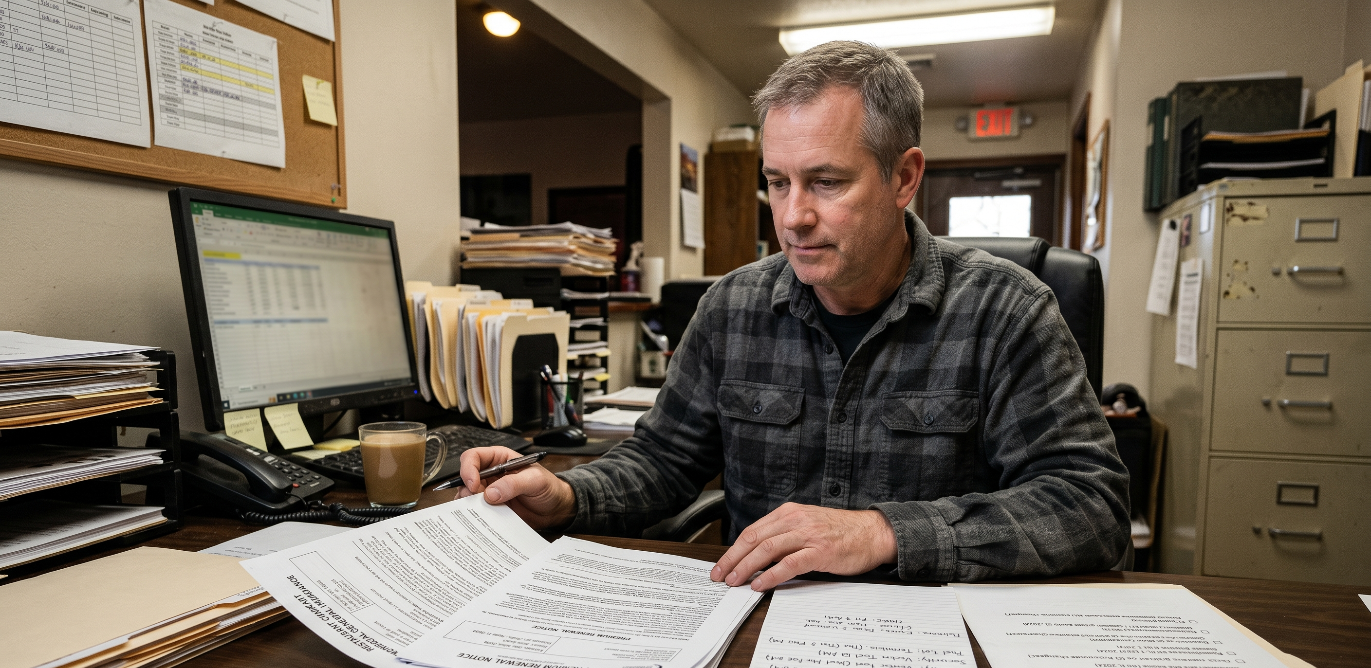 Restaurant owner reviewing cyber risk notes and insurance documents