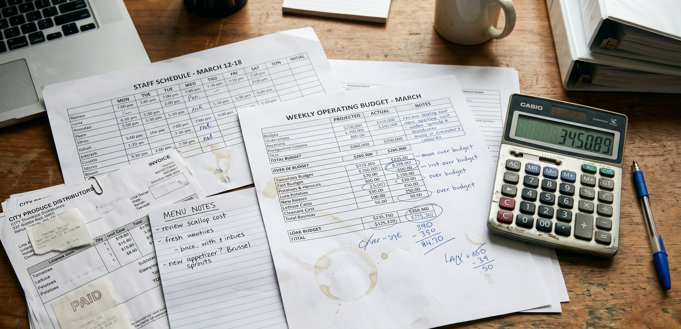 Restaurant budget papers showing labor schedules, invoices, and insurance-related costs
