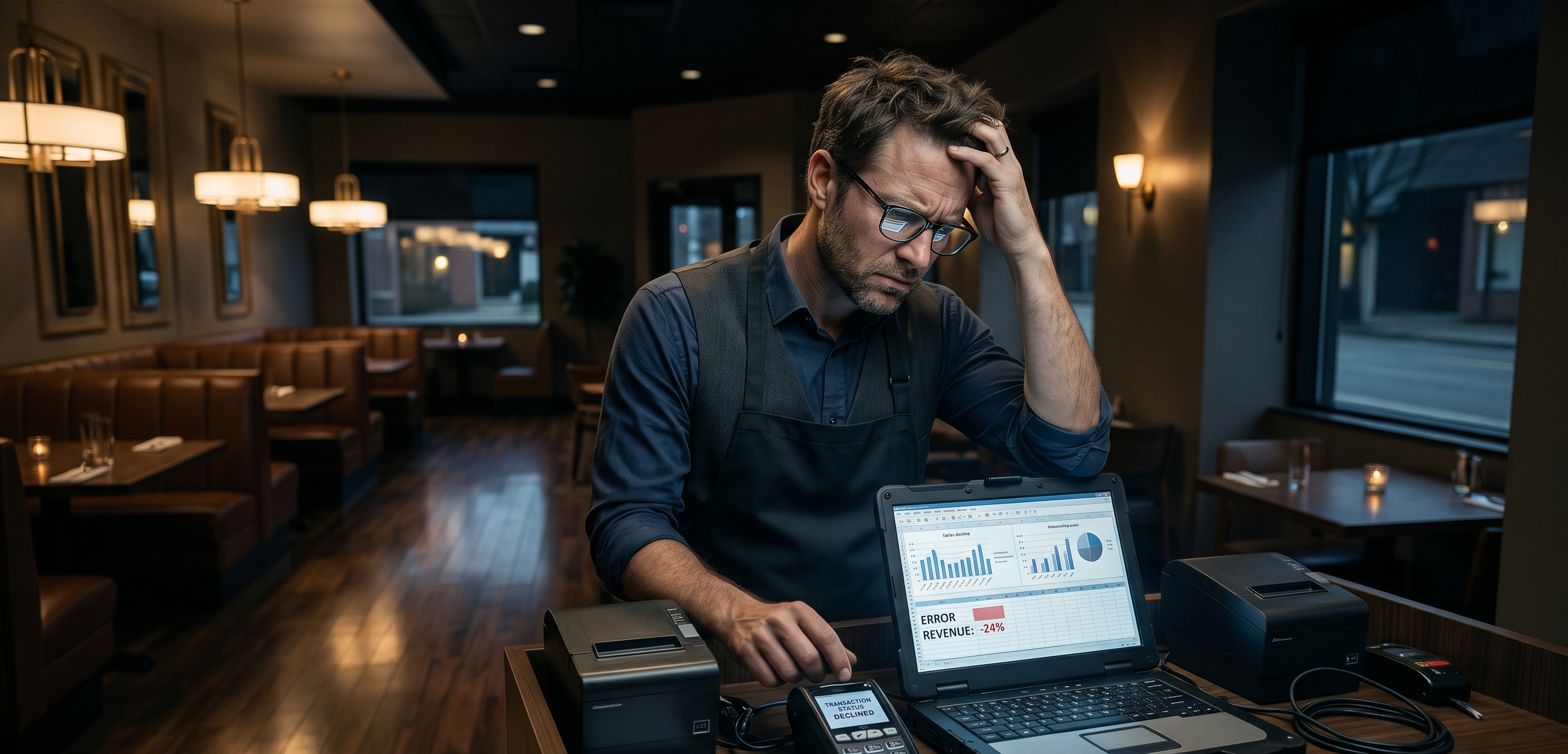 Restaurant manager reviewing a POS terminal and laptop after hours