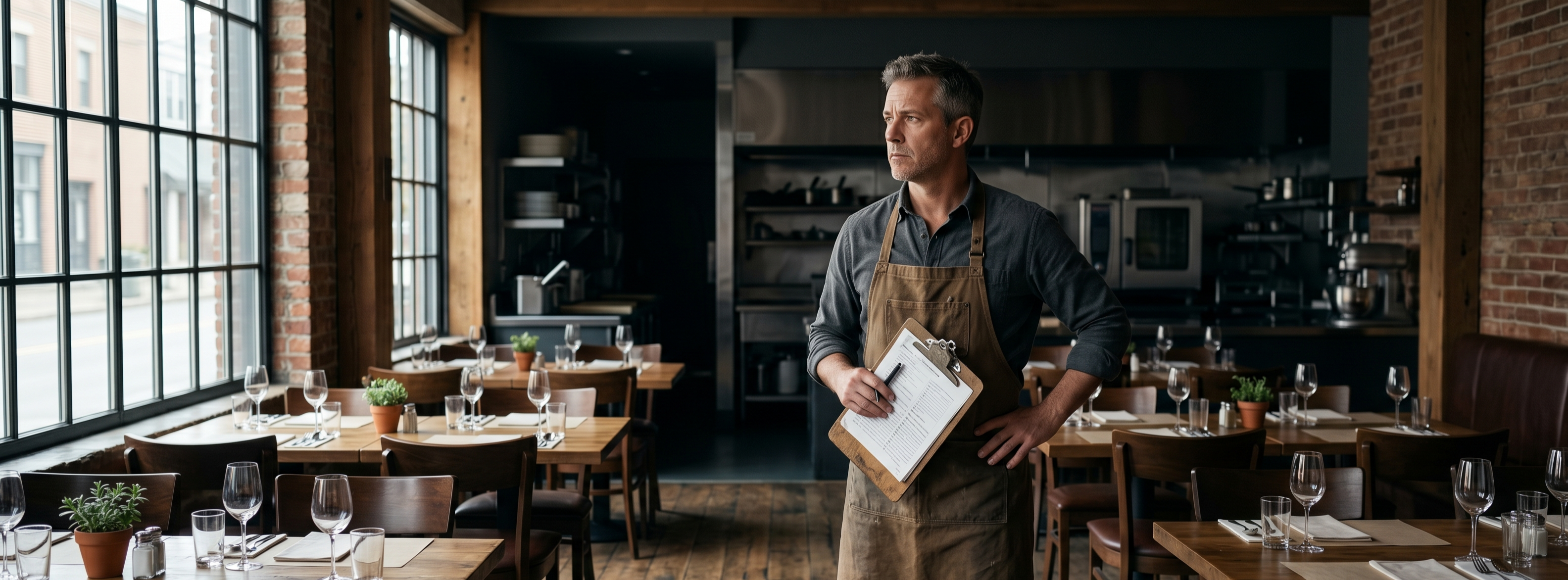 Restaurant owner standing in a quiet dining room during an unexpected utility outage