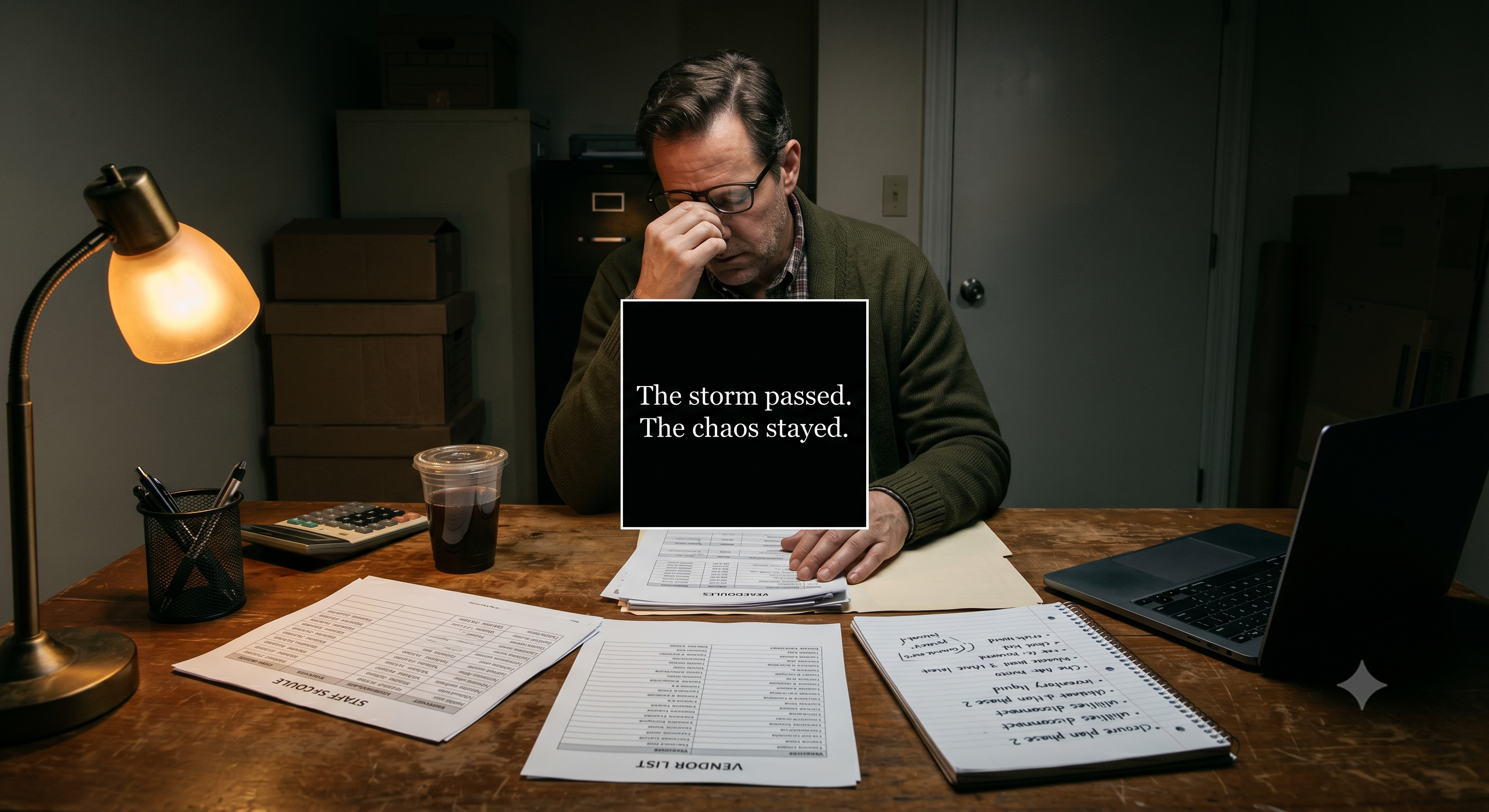 Restaurant owner reviewing storm recovery notes in a dim office
