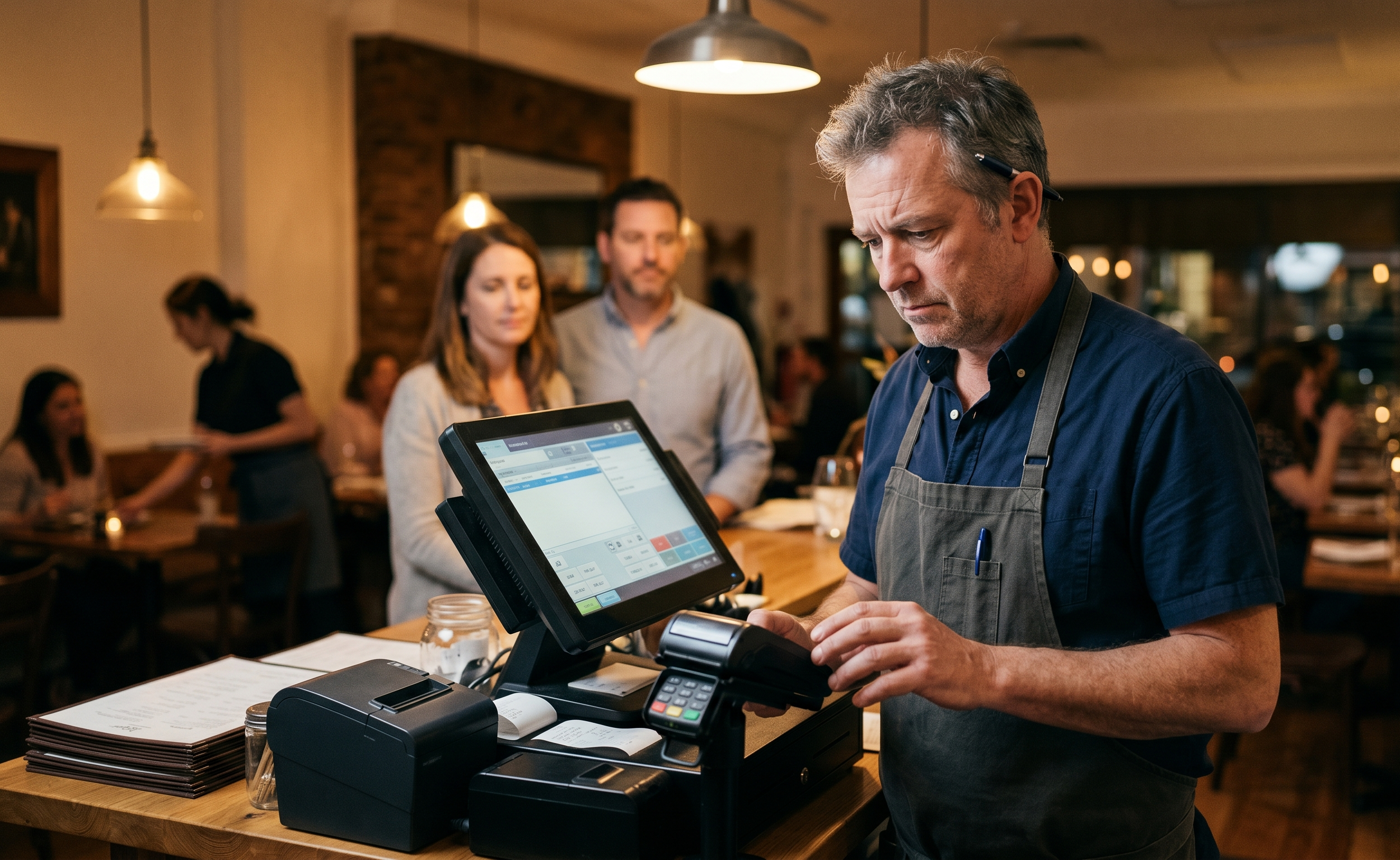Restaurant owner looking at a payment terminal during a service disruption