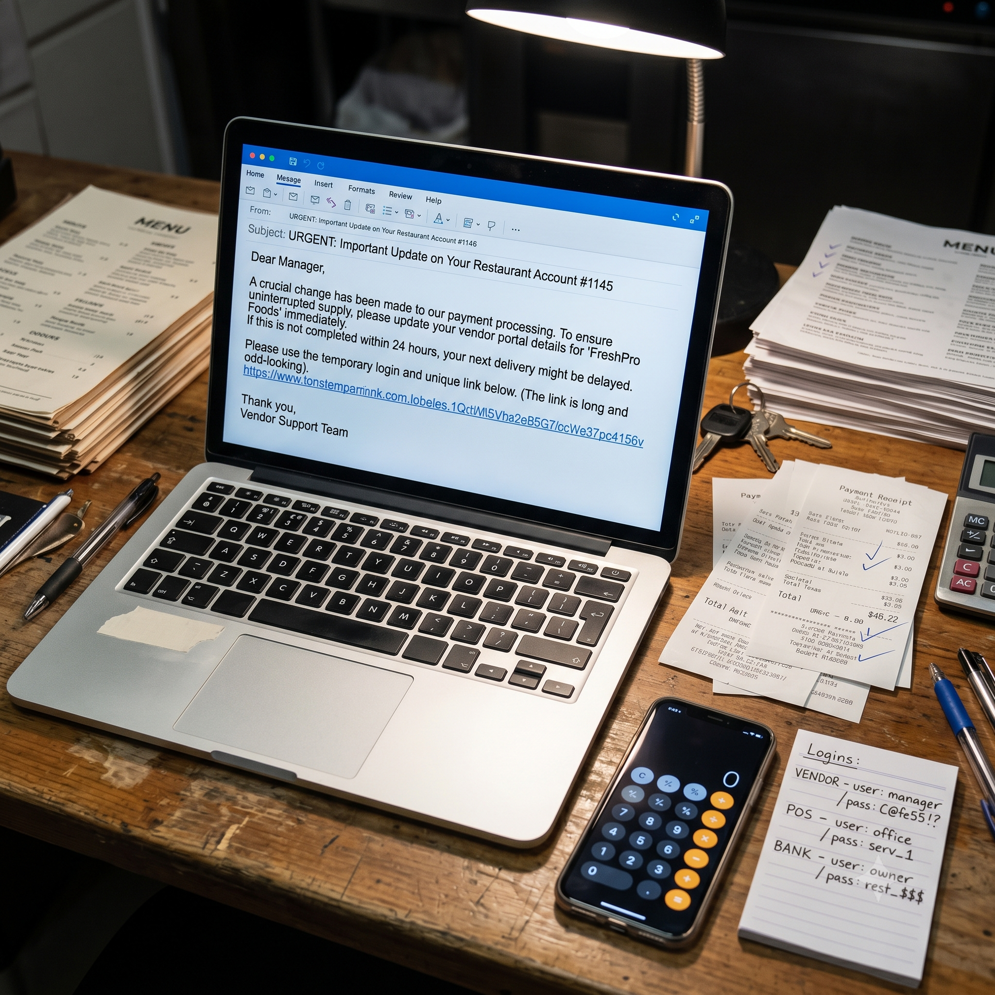 Restaurant office desk with a suspicious email open beside payment records