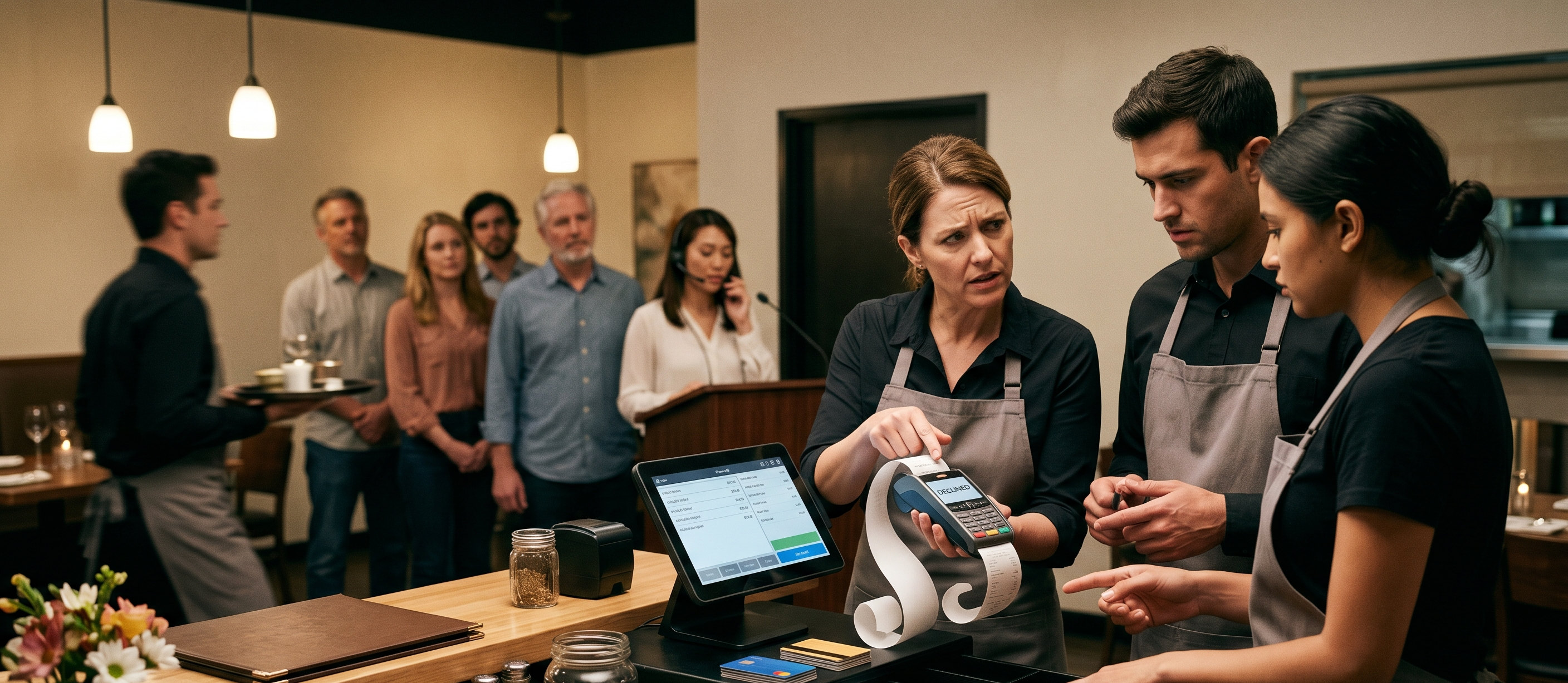 Restaurant staff discussing a payment issue at the front counter while guests wait
