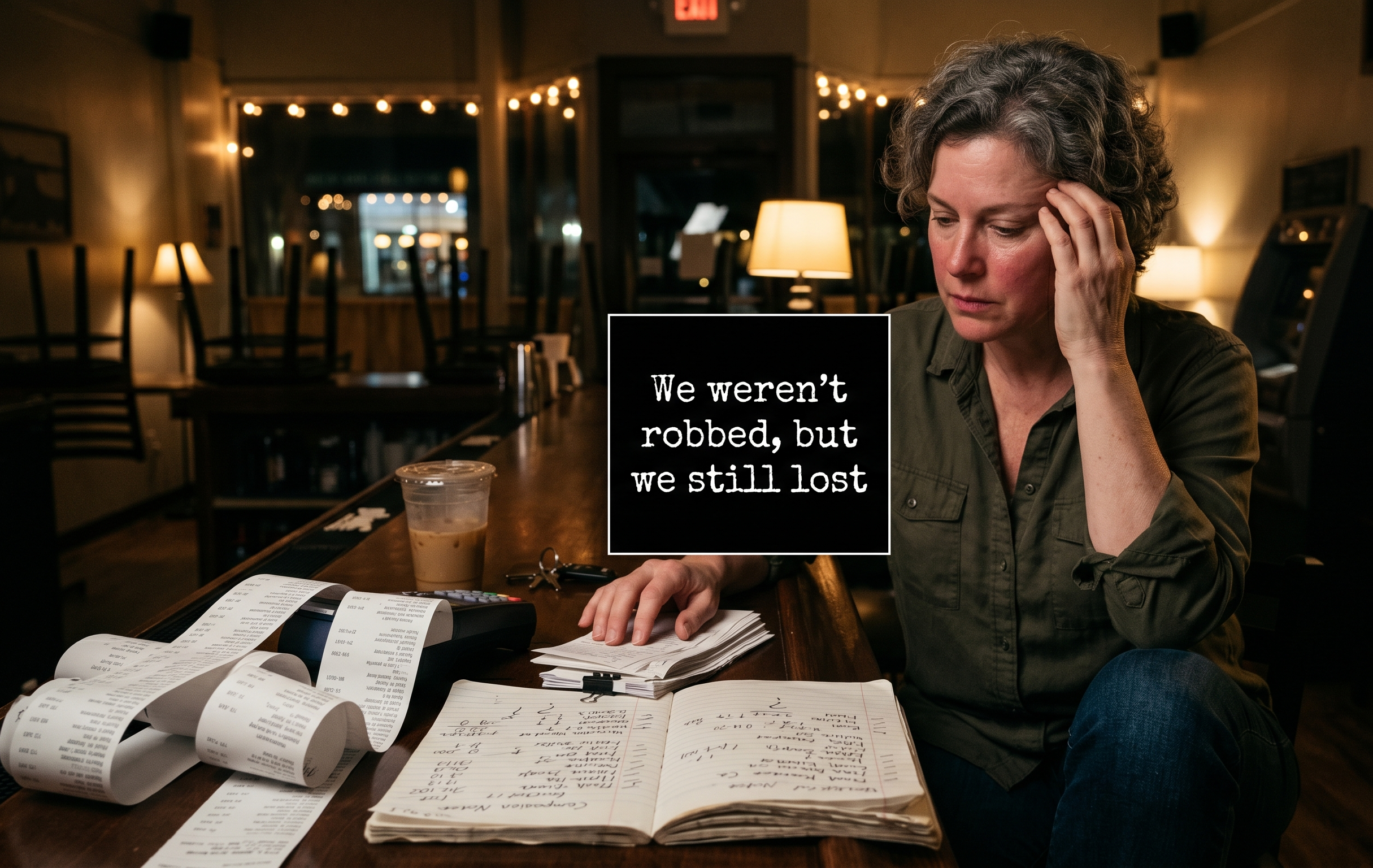 Restaurant manager reviewing receipts and payment logs after a cyber-related payment problem